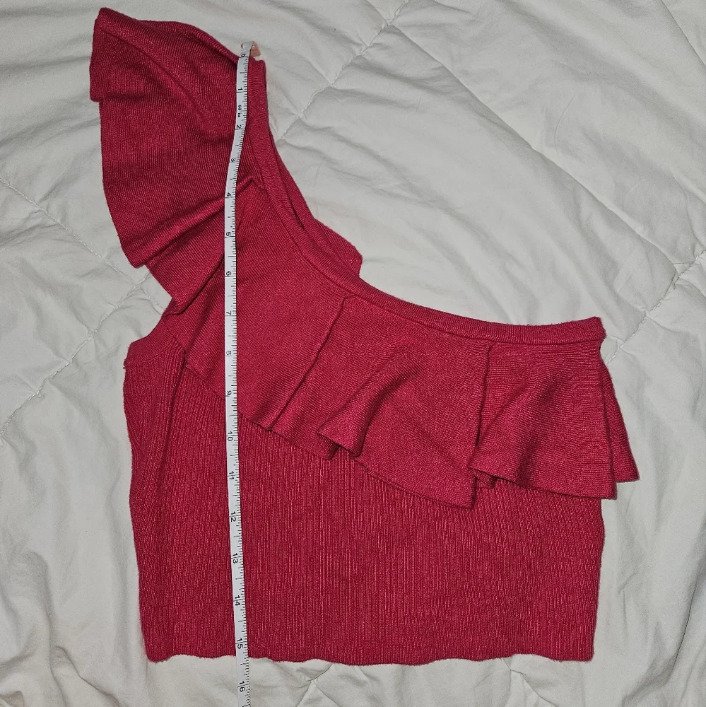 Express Pink Ruffle One Shoulder Cropped Sweater Tank - Picture 5 of 12